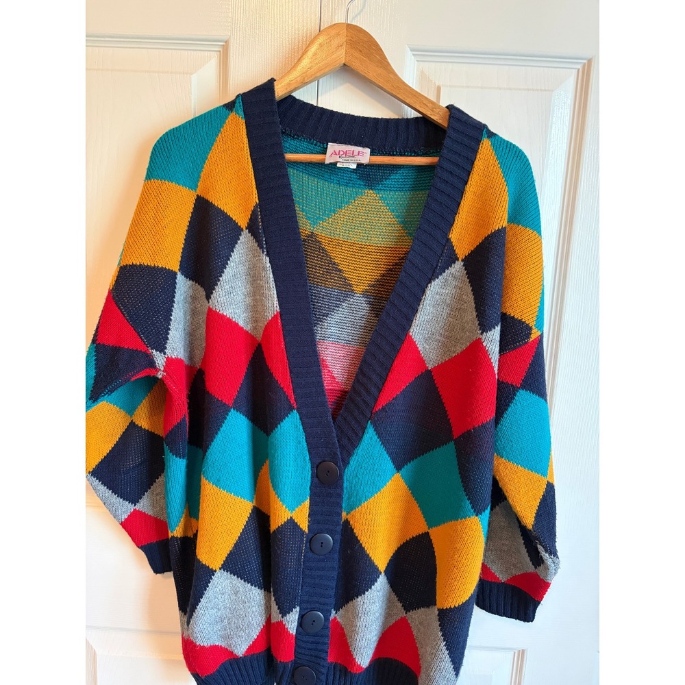 Vintage 80 Adele Knitwear Argyle Cardigan Sweater Oversized Colorful Made in USA